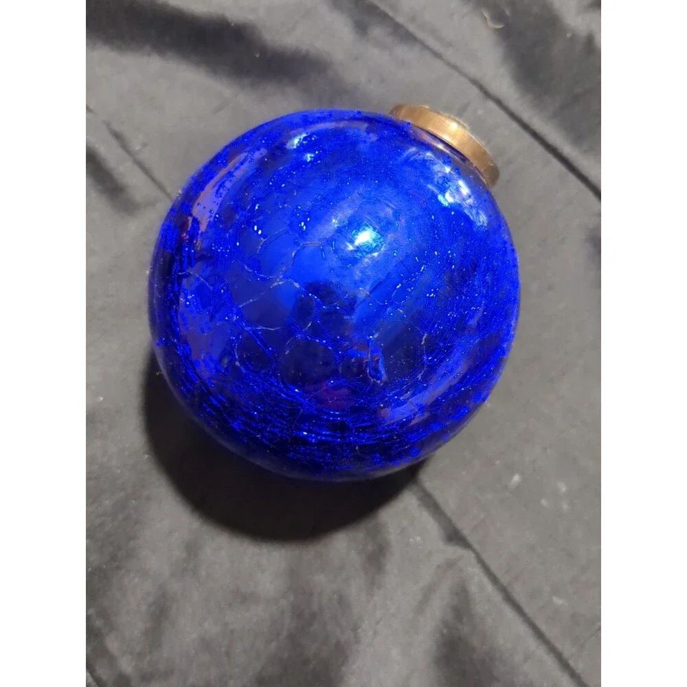 Vintage German Kugel Style Blue Ornament Brass Cap Mercury Glass Globe